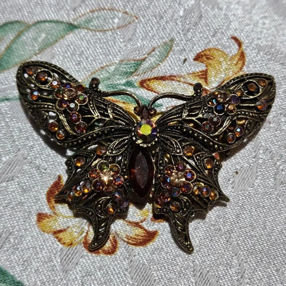 vintage whimsigoth boho gold tone iridescent stones butterfly brooch